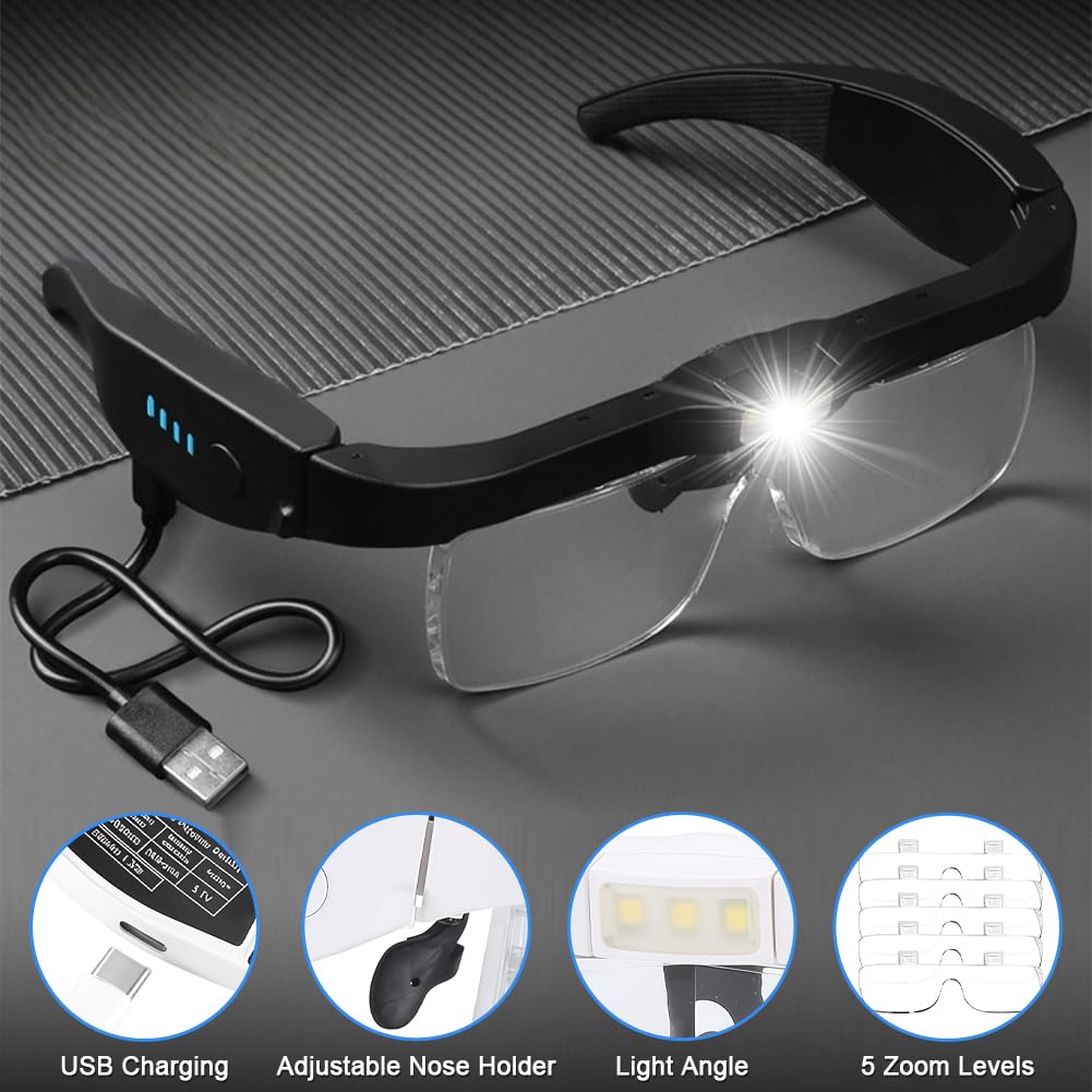 Gafas Lupas con Luz 3 Led para Manualidades, 0,75X 1.0X 1.5X 2.5X 4.0X con 5 Lentes, Recargables, Ajustable para Leer, Reparaciones, Coser, Joyería (Negras)