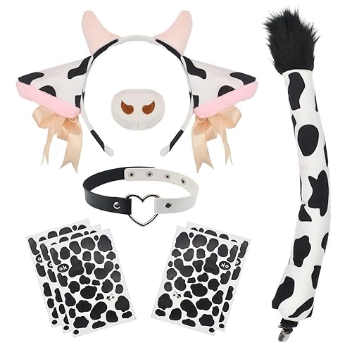HODRME 9 PCS Cow Ears and Tail Set-Cow Headband with Collar Nose Tail Halloween Christmas Cosplay Costume Accessories