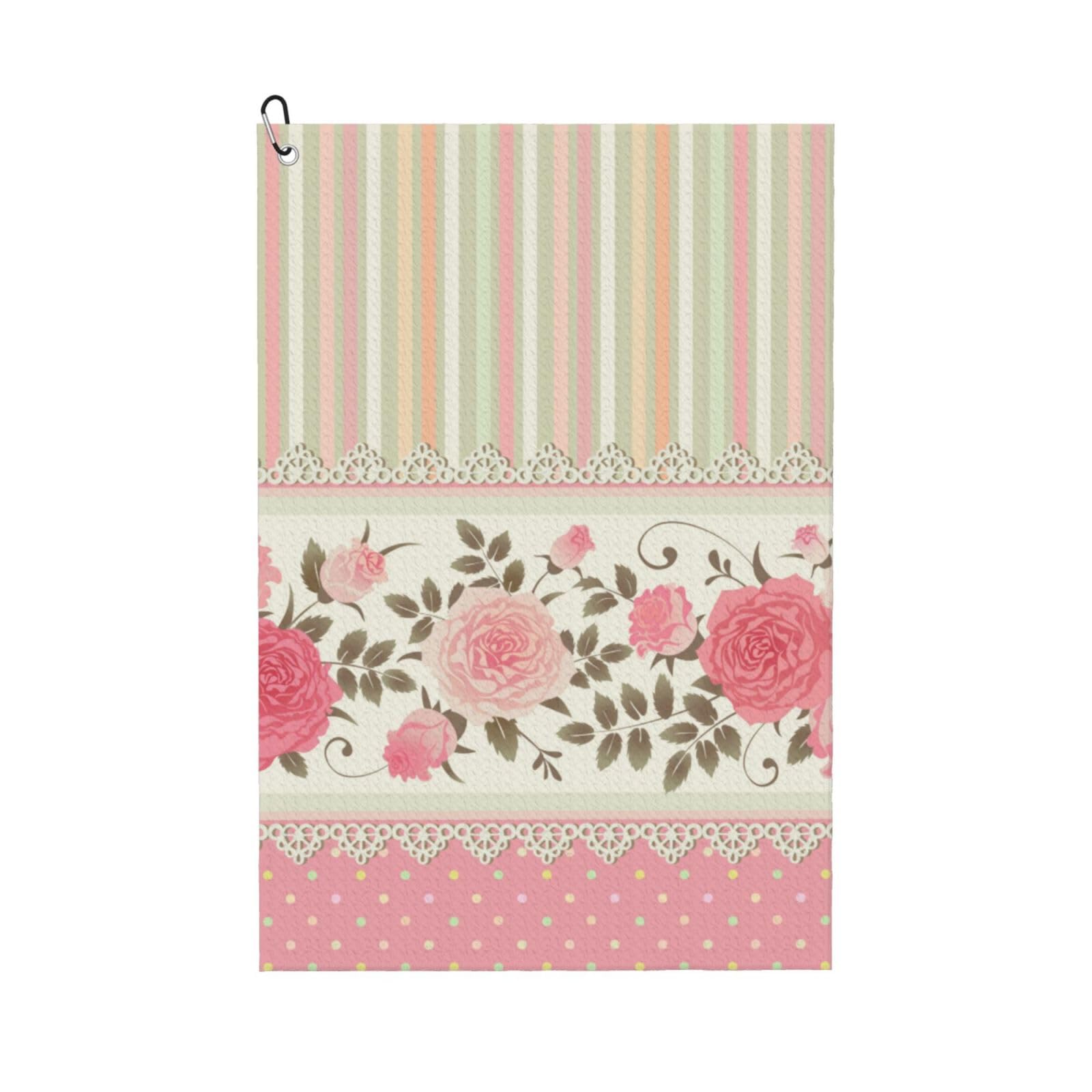 Hnnkloy Pink Floral Polka Dots Neutral Striped Combo Vintage Shabby Chic Flower Lace Pattern, 16x24 in Portable Waffle Golf Towels with Carabiner Clip for Golf Bag