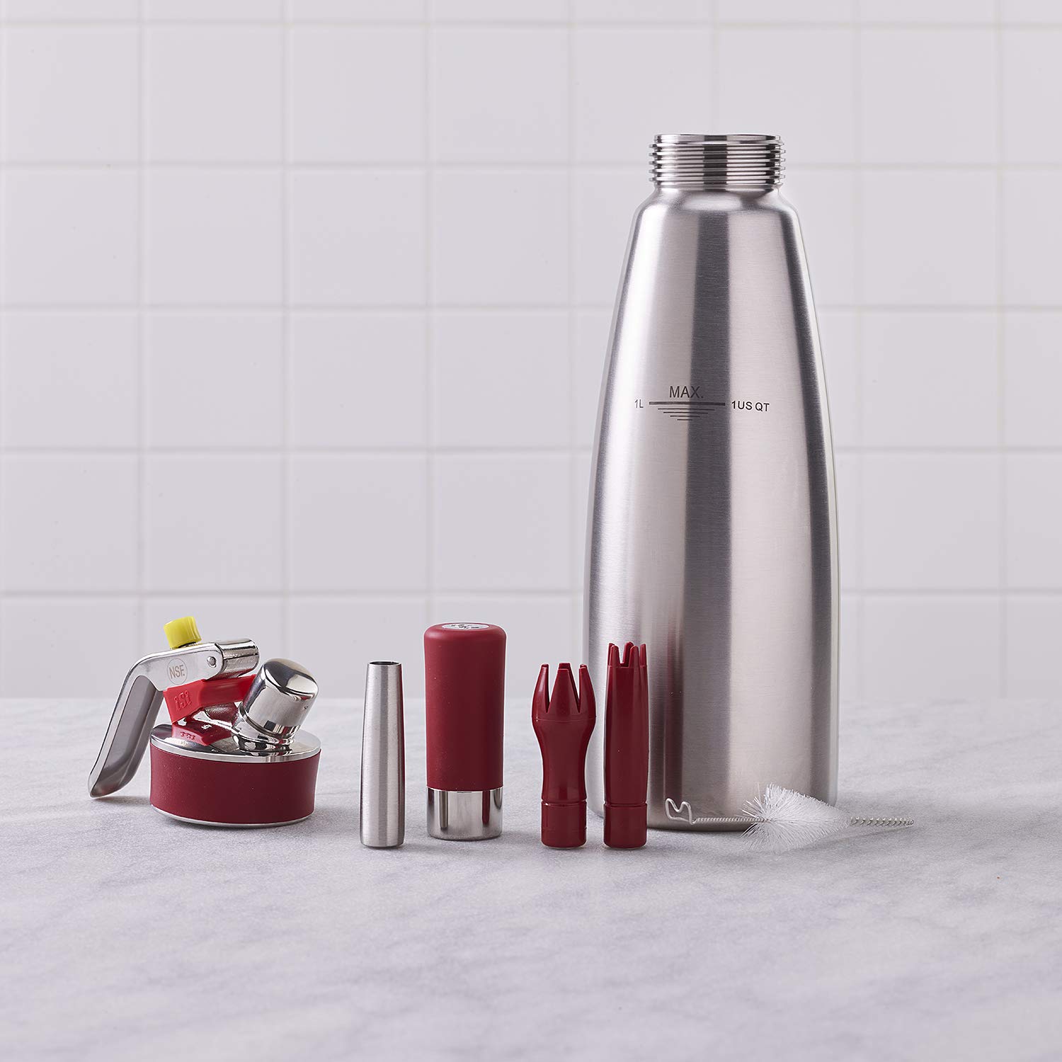 PADERNO 41458-10 Siphon de Cuisine Professionnel en Acier Inoxydable pour préparer des Desserts, Mousses, Crème fouettée, et Sauces, 3 Douilles Acier, Argent, 1l