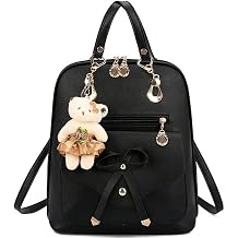 Women Backpack PU Leather Backpack Bear Charm with Adjustable Shoulder Strap-Black