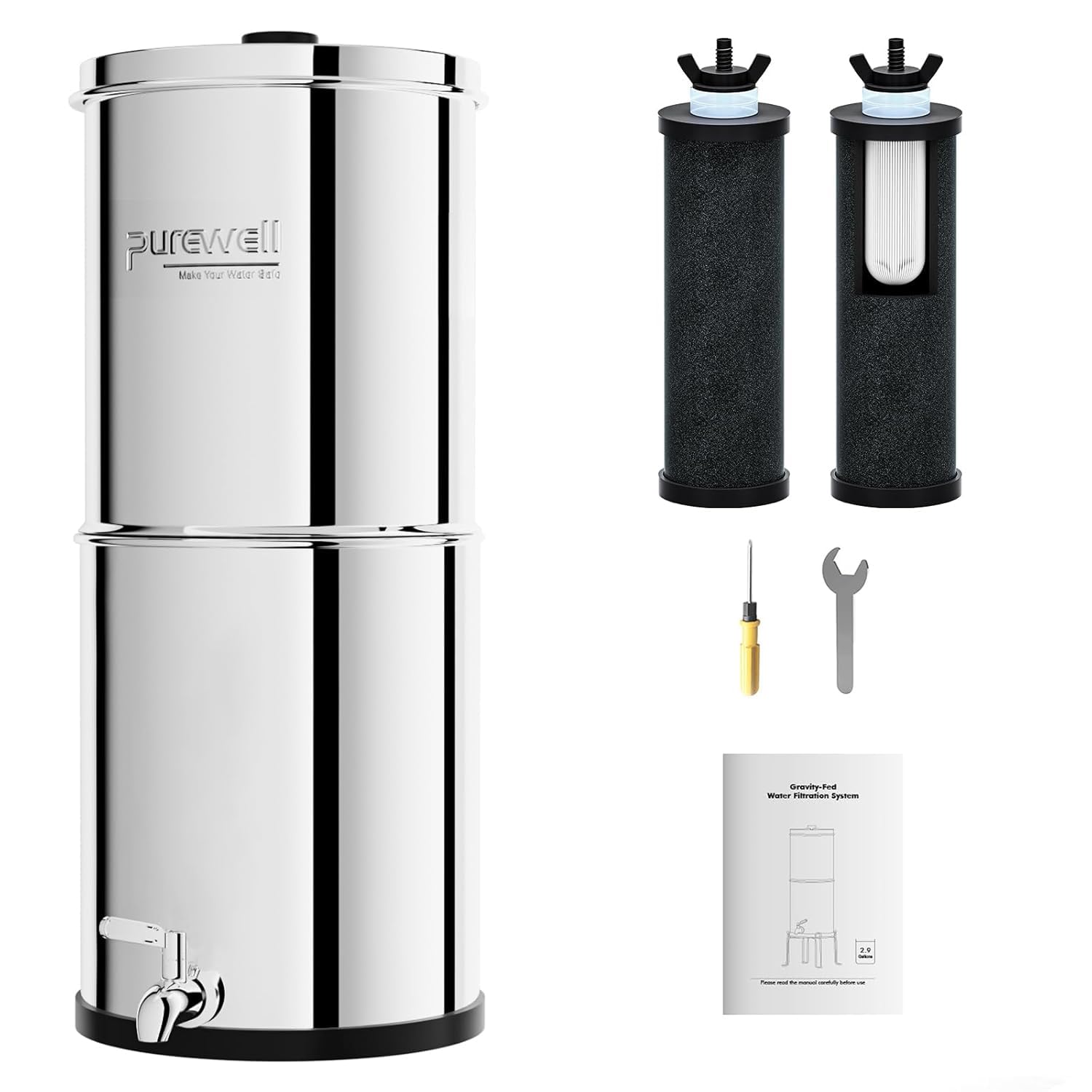 Purewell Filtre à Eau par Gravité 8,5L - Système de Filtration Familial avec Charbon Actif - Purificateur d'Eau pour Robinet et Eau de Pluie - Technologie Ultrafiltration - Grande Capacité