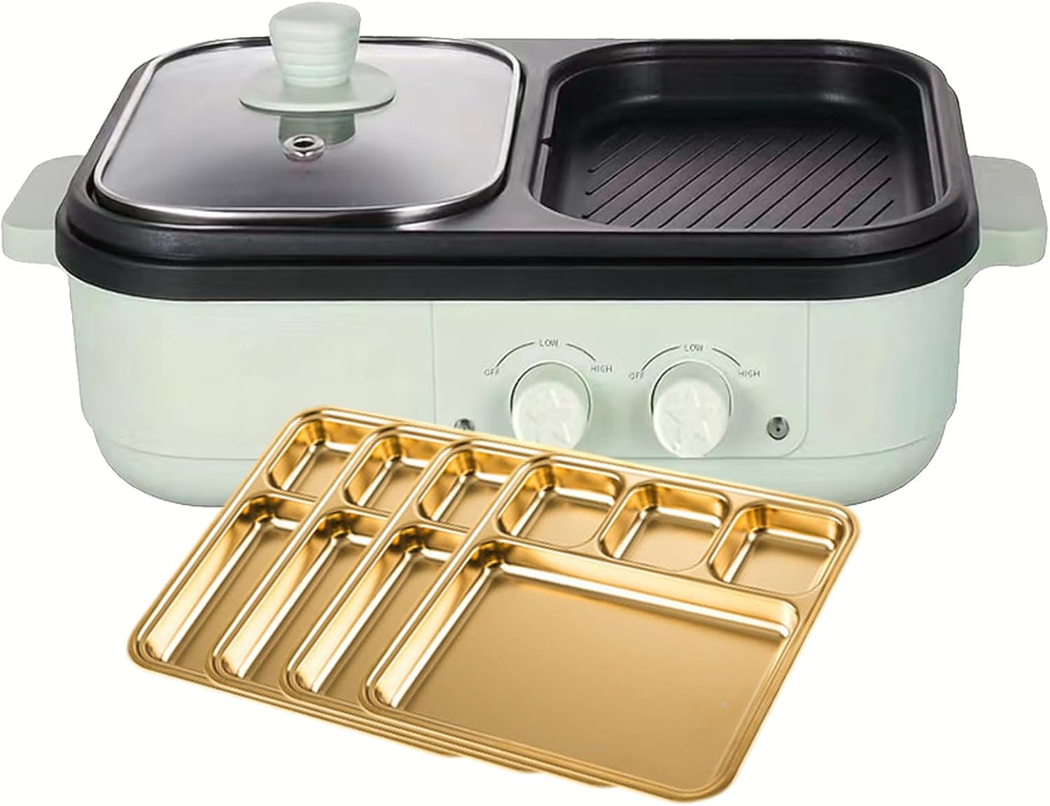 Parrilla Eléctrica con Olla Shabu, Placa BBQ, Antiadherente, 1300W, Verde