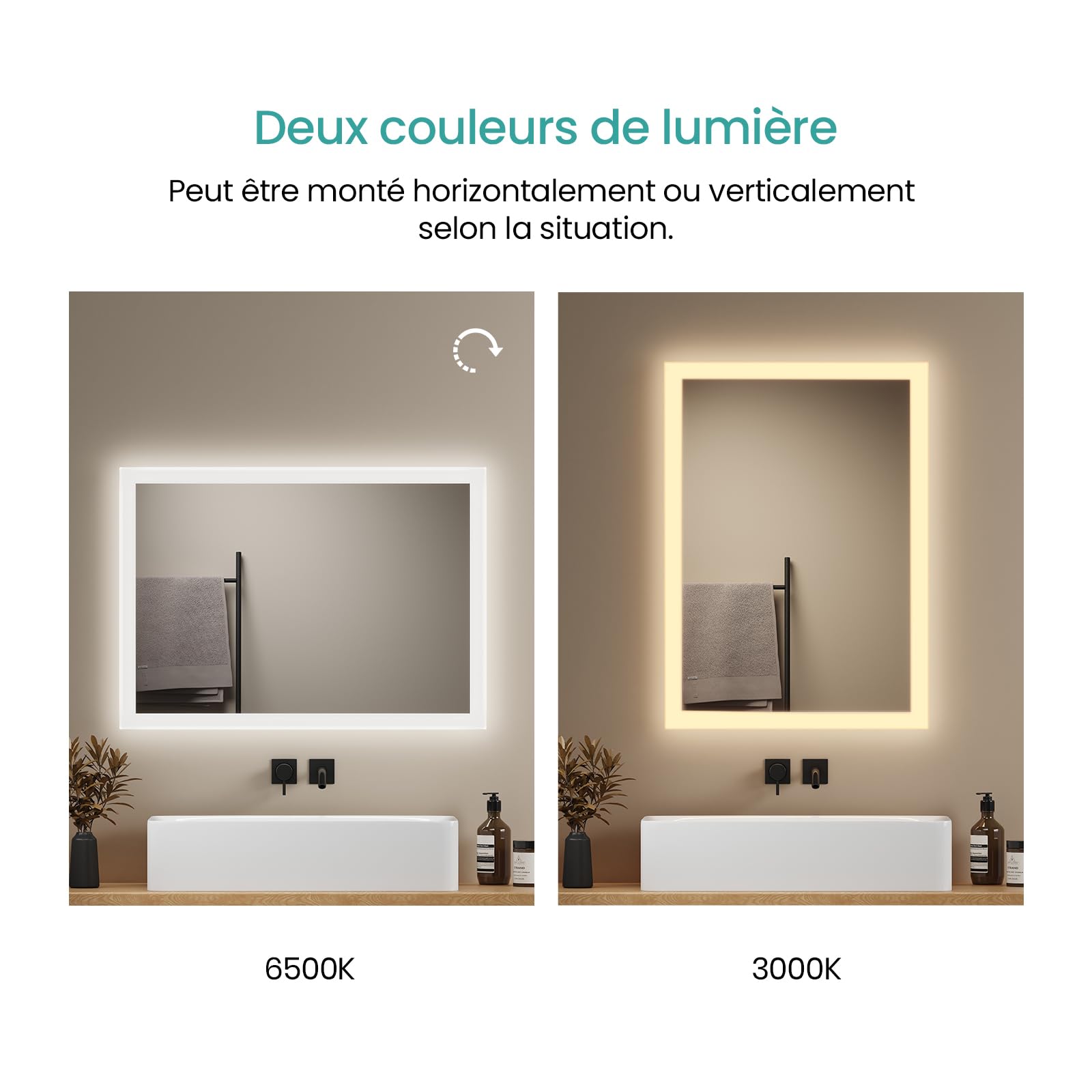 EMKE Miroir Salle de Bain LED Rectangulaire 50x70 cm Interrupteur Bascule | Miroir mural IP44 pour hôtel et maison,Antibuée,Pose verticale ou horizontale,2 couleurs 3000K/6500K