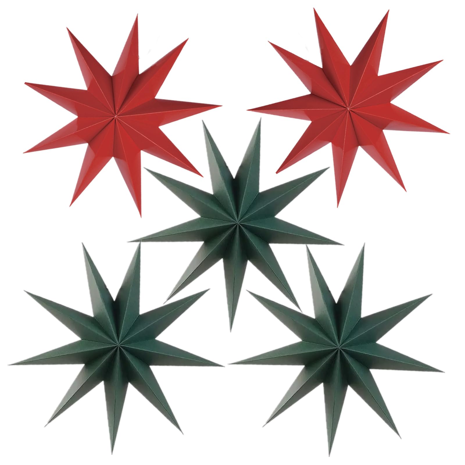 5 Pieces 3D 12" Large Paper Star Forest Green Red 9 Pointed Hanging Star for Christmas Weddings Holiday Decor,Birthday Party Celebration & Home