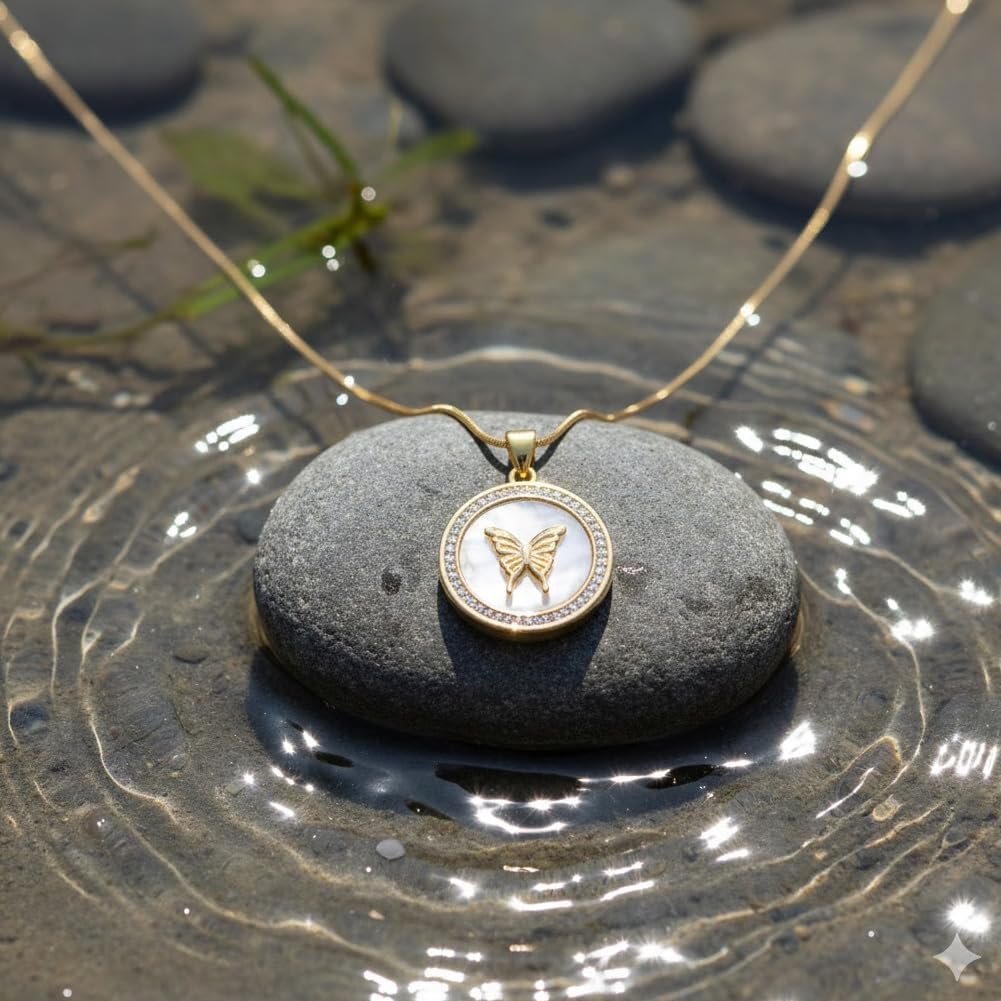 Gold Plated Brass Butterfly Necklace for Women, Natural Mother of Pearl Round Pendant with Cubic Zirconia Halo, Delicate 18 Inch Adjustable Chain, Fashion Jewelry Gift - Image 7