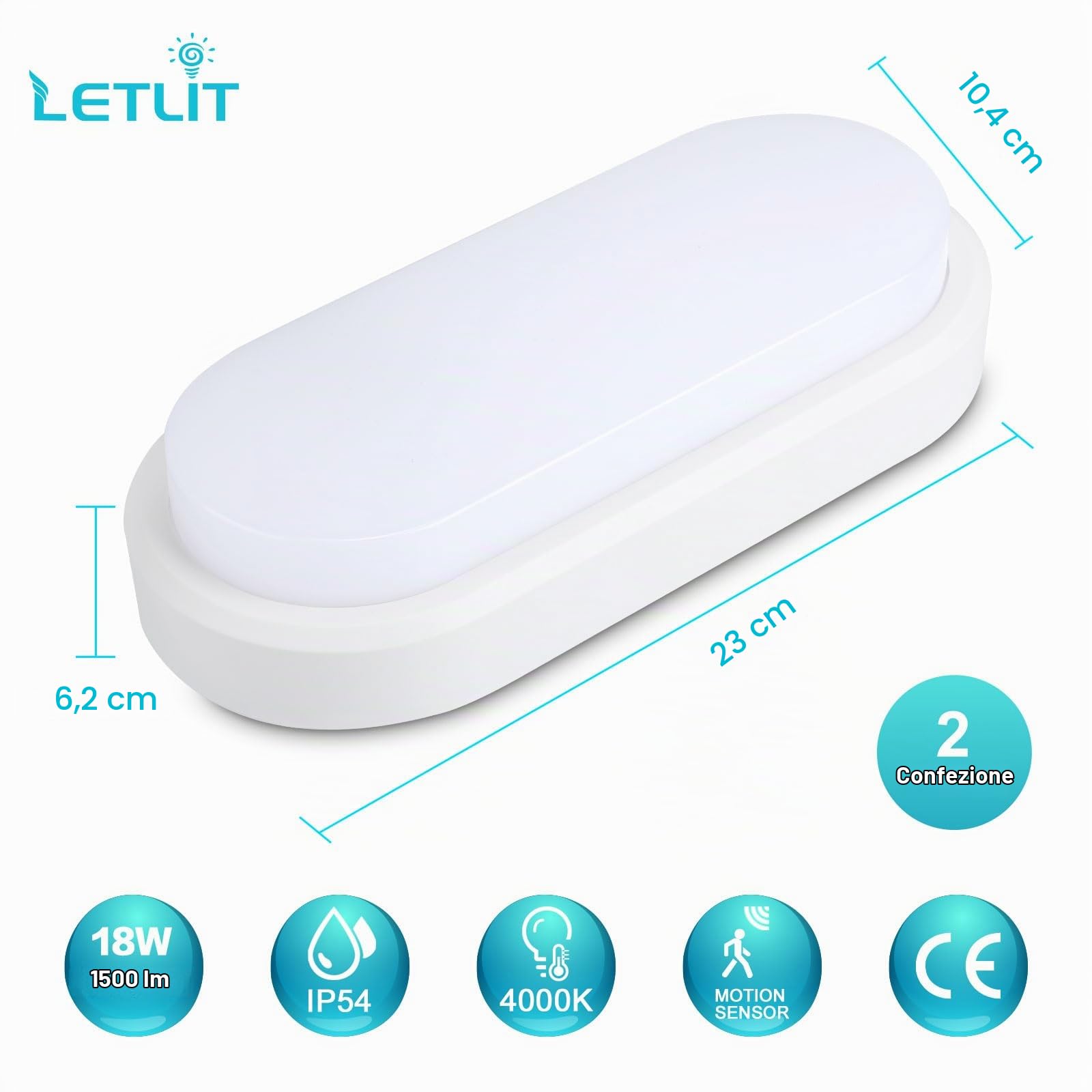 Lampada con Sensore di Movimento, 18W 1800LM Applique da Parete Interno Luci, IP54 Plafoniera Led Soffitto Ovale Esterno, 4000K Applique Luce Bagno per Balcone Scale Corridoio Garage, 2 Pezzo