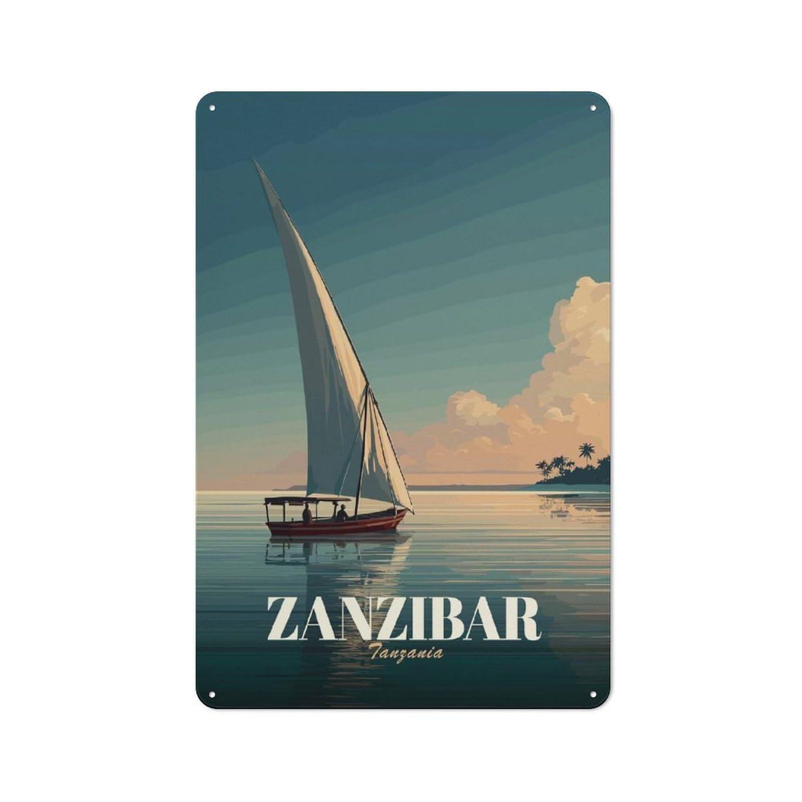 Junmoney Style-10 Zanzibar Dhow Sailboat At Sunset Rustic Tin Wall Plaque 30X20cm For Hobby Room Or Studio, A Christmas Gift For People Styling Hobby Room And Studio