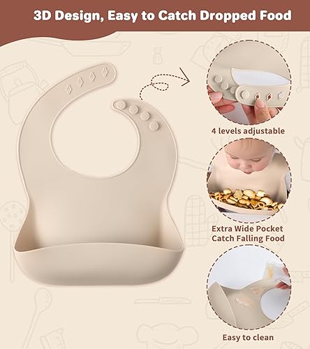 Miniatura 4 de ECLIP Juego de alimentación de silicona para bebés, 10 piezas de suministros de destete para bebés con ventosa, plato dividido, babero ajustable,