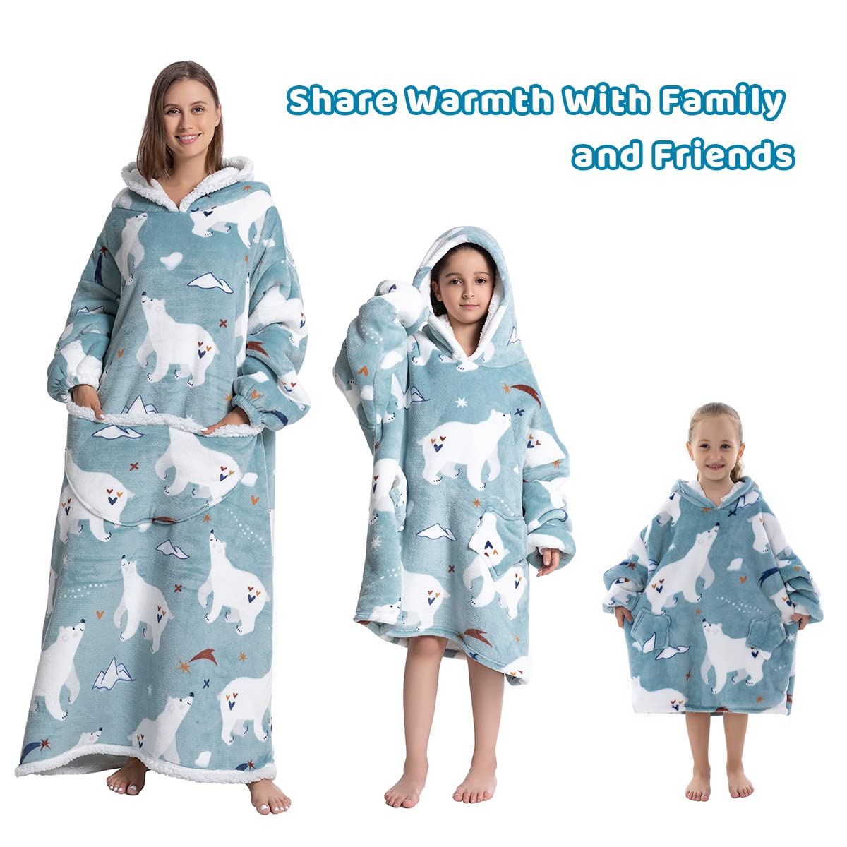 Wenlia Oversize Coperta Felpa con Cappuccio per Bambini e Ragazza e Donne, Adulto Adolescenti e Bambino Felpa Sherpa con Cappuccio Super Calda Grande Coperta con Tasche
