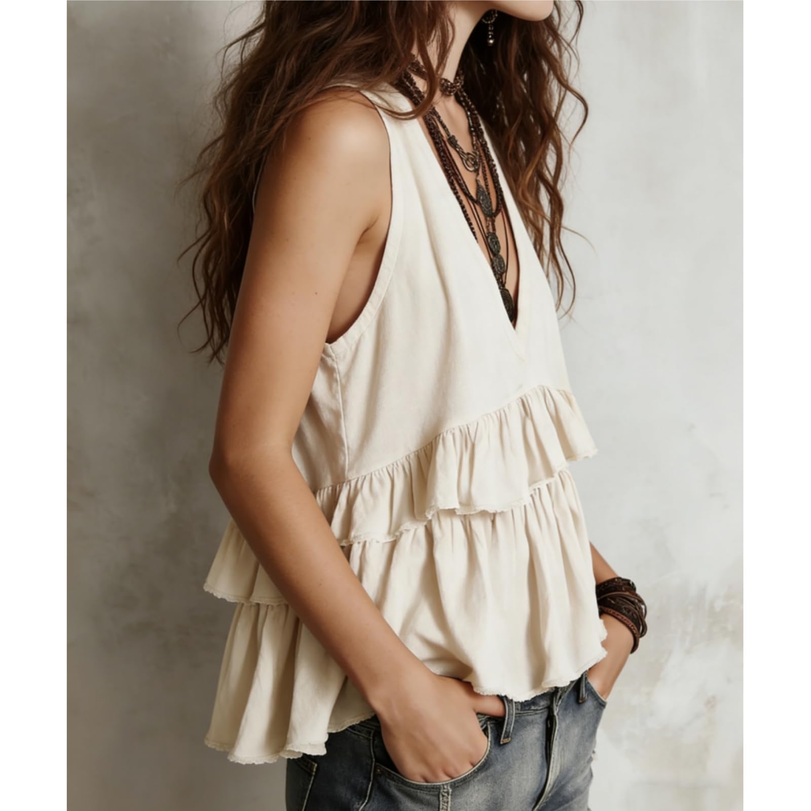 Blusa sin Mangas con Cuello en V y bajo con Volantes escalonados para Mujer | Blusas de verano holgadas y fluidas con bajo con volantes; camiseta tipo túnica casual y suelta para vacaciones o uso diario.
