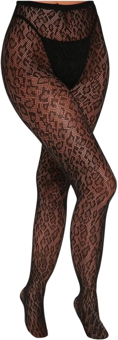 WDIRARA Women's Leopard Fishnet Tights High Waisted Mesh Sheer Stockings Pantyhose
