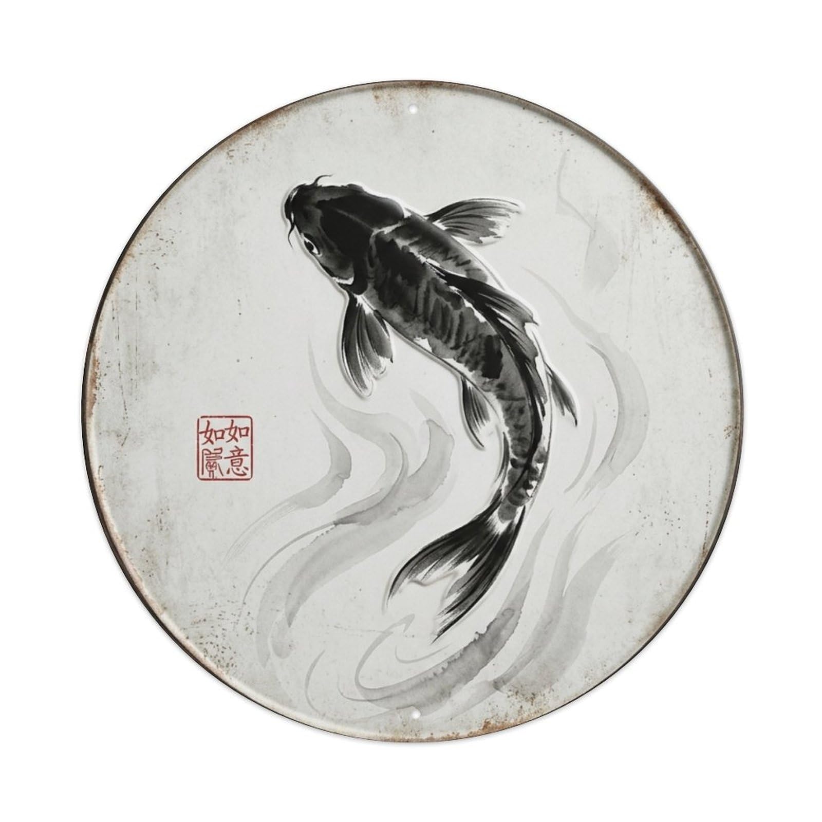 Ink Wash Minimal Koi Fish Vintage Metal Tin Sign Plaque Wall Decor for Cafe, Club Bar, Office, Garden Metal Poster 8x8Inch