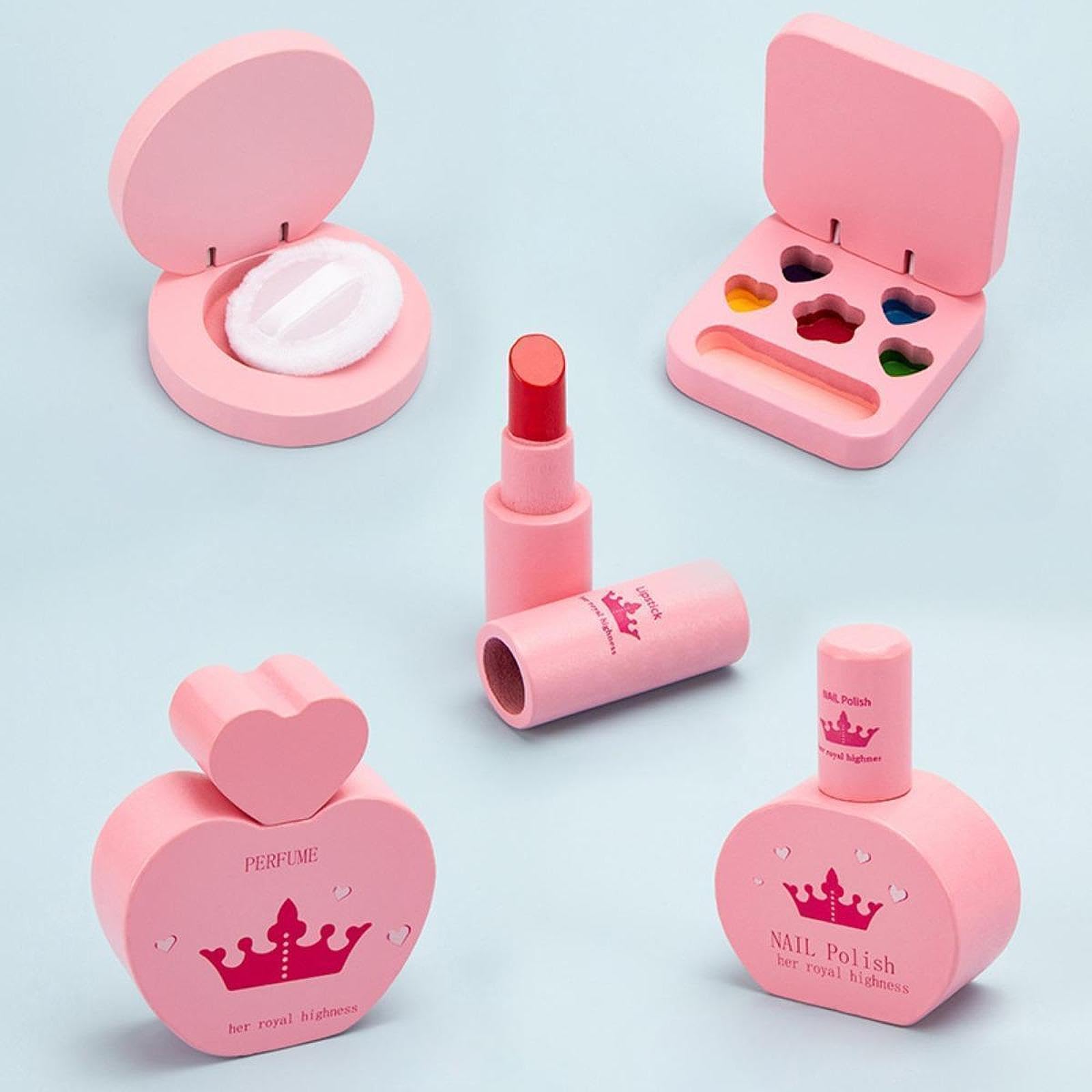 Set di Giocattoli per il Trucco Bambini, 10 Strumenti Cosmetici in Borsa Portatile, Tessuto di Legno, Giochi di Ruolo