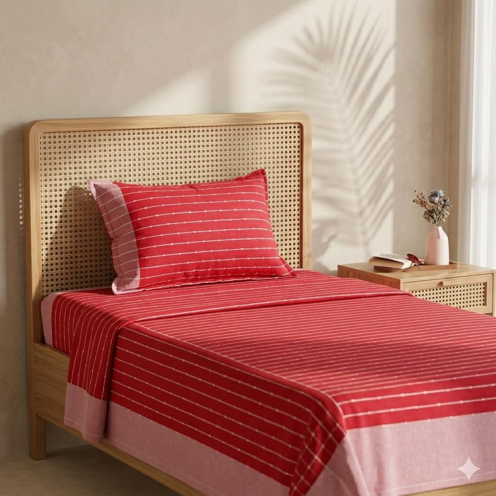 Handloom Cotton Double Bedsheet with 1 Pillow Cover Striped Bedcover, 60×90 Inches, 210 TC (Red, Capsule)-image-4