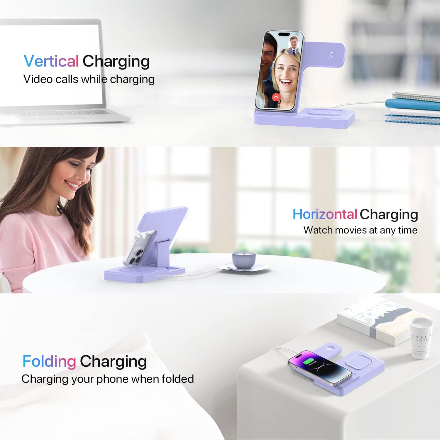 Charging Station for Multiple Devices Apple, 3 in 1 Charging Station for Apple, Fast Wireless Charger Stand for iPhone 14/13/12/11/Pro/Max/Plus/XS/XR/X/8, iWatch 8/7/6/5/4/3/2/SE & AirPods(Purple)