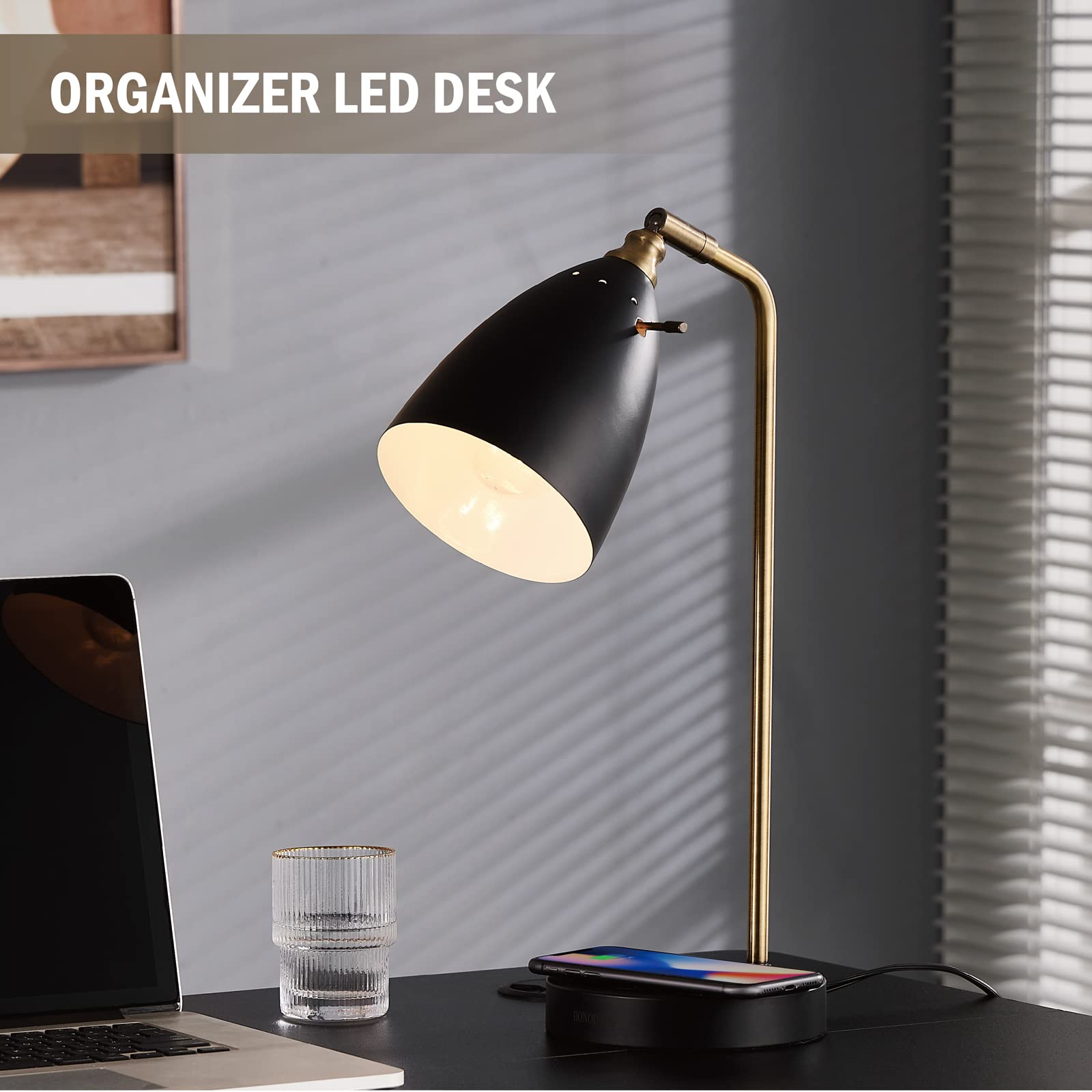 lianheng Black Table Lamp with Wireless Charger, Super Bright LED Desk Lamp for Dorm, Industrial Desk Lamps for Home Office, Study Room, Children' Room, 100% Metal