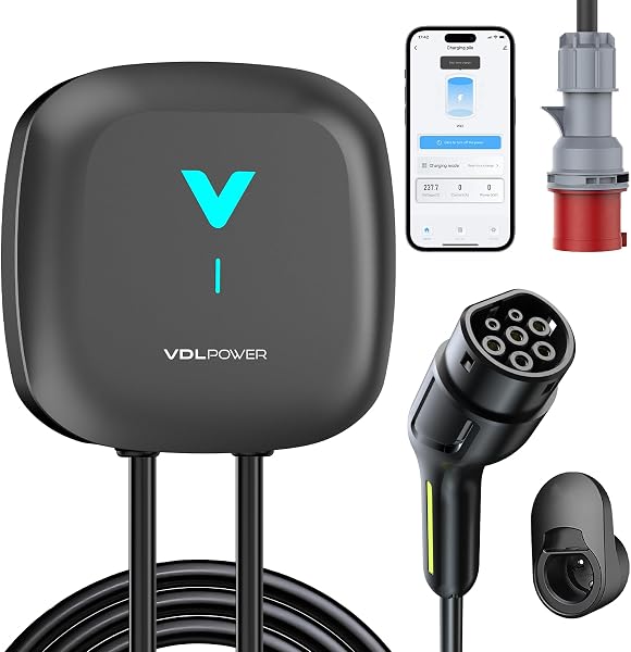 VDLPOWEREU Wallbox , Cargador para Vehículo Eléctrico 22kW,6-32A Type 2 Trifásico, Wi-Fi, Bluetooth, Interior/Exterior, soporte de enchufe, Protección IP67 para BEV/PHEV - 1