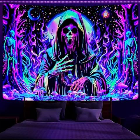 Invoibler Blacklight Skull Tapestry Gothic Skeleton Mushroom Tapestry UV Reactive Horror Tapestries Glow in The Dark Wizard Magic Forest Tapestry Wall Hanging for Home Decor (59.1 x 82.7 inches) Cover