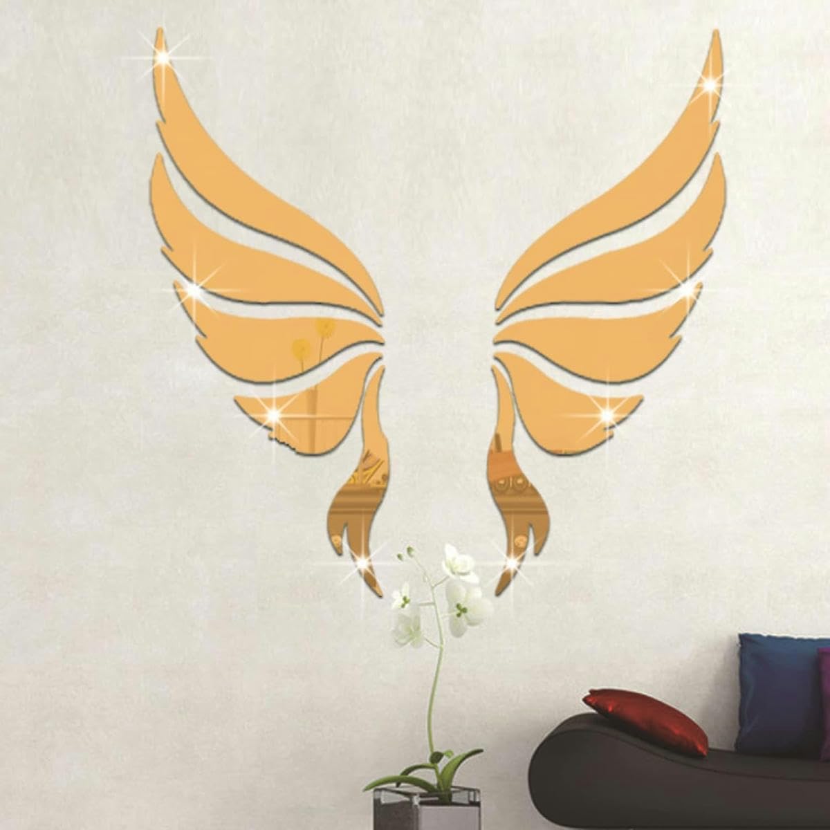 Gklutv Gold Mirror Tiles Angel Wing Stick On Mirrors Diy Art Wall Mirror Bedrooms Wall Stickers 35X35cm