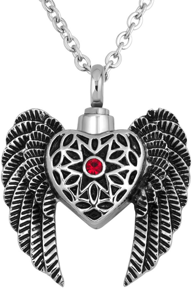LovelyJewelry Angel Wings Cremation Necklaces for Ashes Red Synthetic Crystal Heart Urn Necklace Keepsake Memorial Pendants
