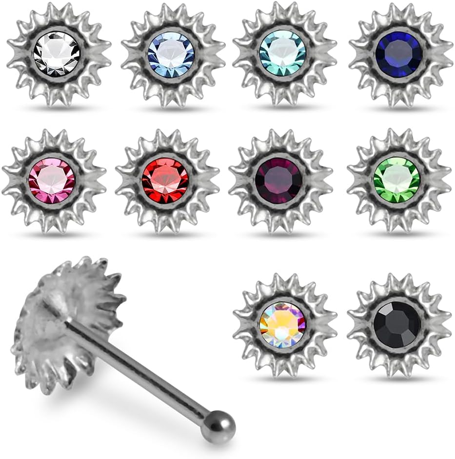 20 Pieces Box Set Sunflower with Crystal Stone Design 22 Gauge 925 Sterling Silver Nose Pin - Nose Stud - Tiny Nose Ring - Nose Piercing Body Jewelry