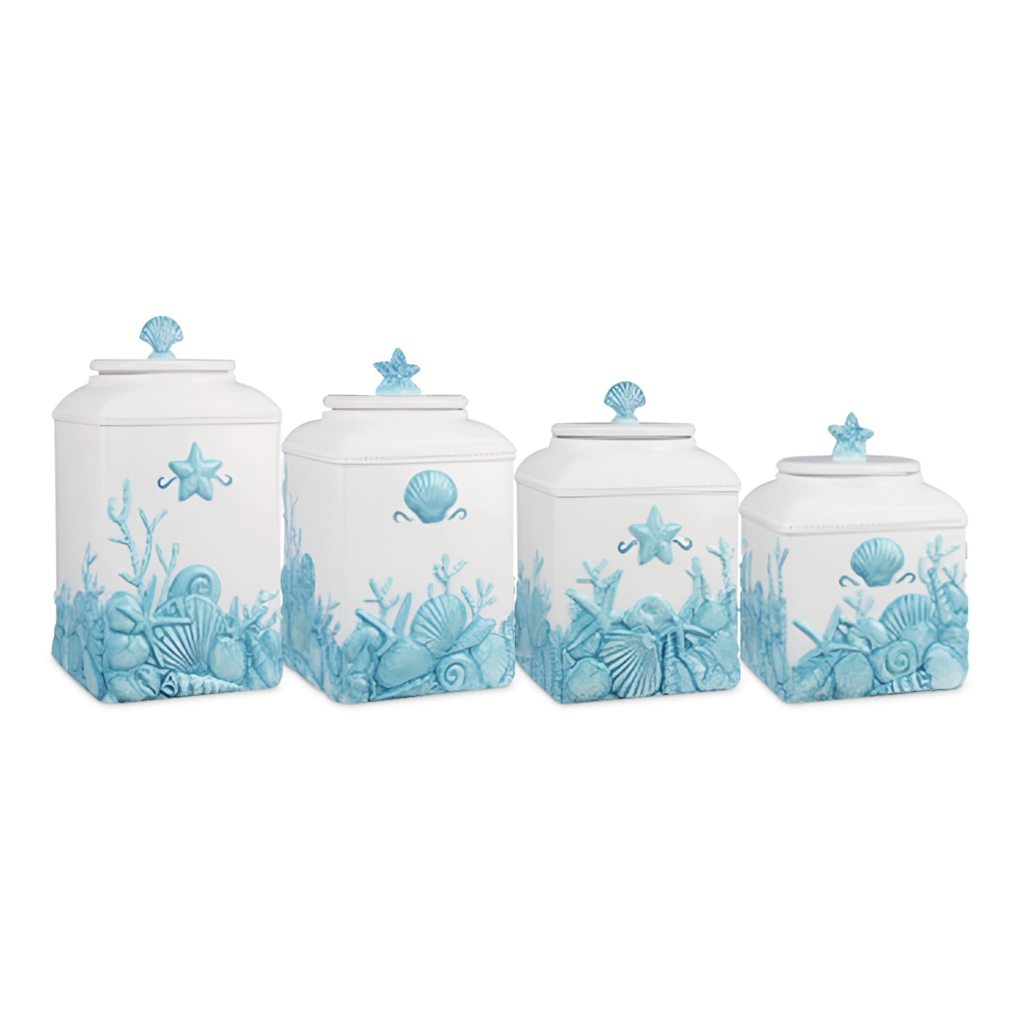 Young's Inc. 4 Pcs Set Blue Lagoon Nautical Ceramic Canisters- Storage Container for Kitchen and Bathroom - Beautiful Home Decor Accent to Store Food, Coffee, Tea, and More - White, Blue