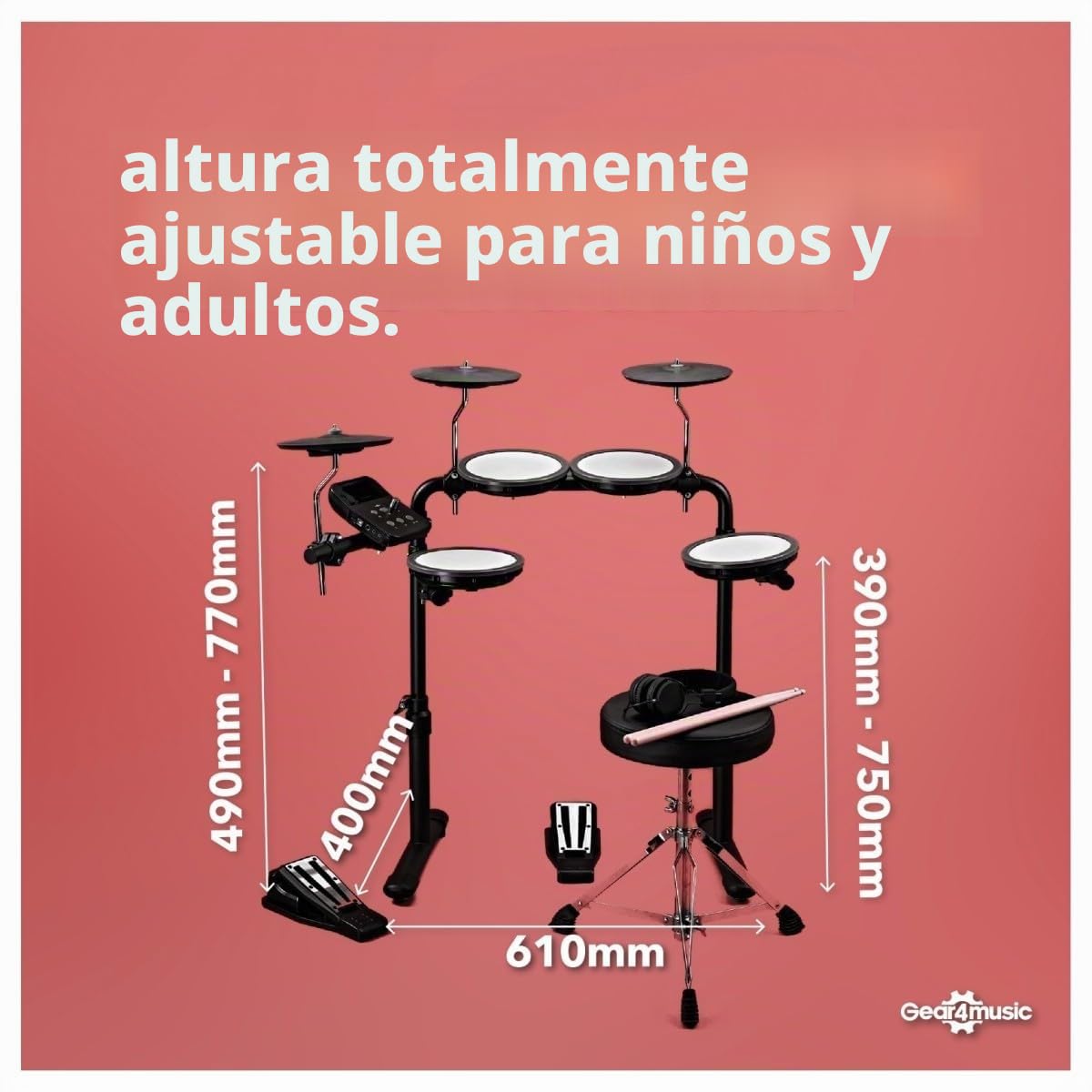 VISIONDRUM Batería Electrónica Niños y Adulto, 7 Pads en Malla, Azul | Kit de Batería Eléctrica, Altura Regulable, Diseño Plegable, Auriculares, Taburete y Baquetas Incluidos