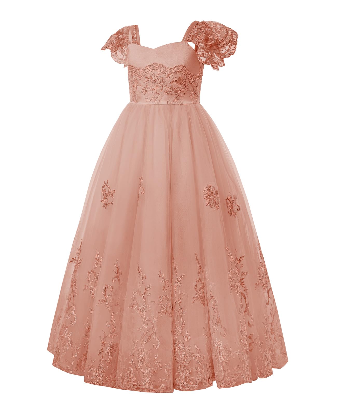 MCieloLunaElegant Dusty Rose Lace Puffy Tulle Flower Girl Dresses for Wedding Birthday Party Gowns A-Line Floor Length Summer Boho Girls Dress Cap Sleeve Baptism Dress Dusty Rose Size 2