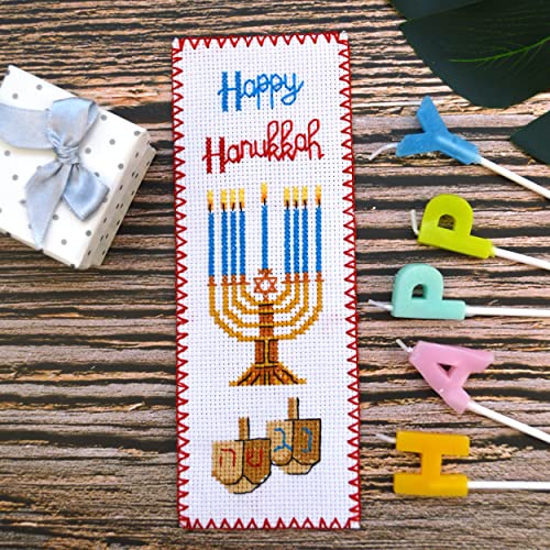 Image of Povitrulya Counted Cross Stitch Kit 'Happy Hanukkah' - DIY Embroidery Book Marker Set for Adults with Paper Pattern, 16 Count Aida Canvas and Presorted Floss