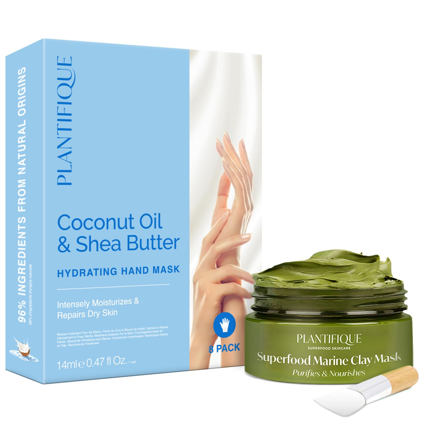 PLANTIFIQUE Hand Mask for Dry Hands – 8 Pairs Moisturizing Gloves with Shea Butter and Korean Skincare Clay Mask – Hydrating Mud Mask with Avocado & Superfoods