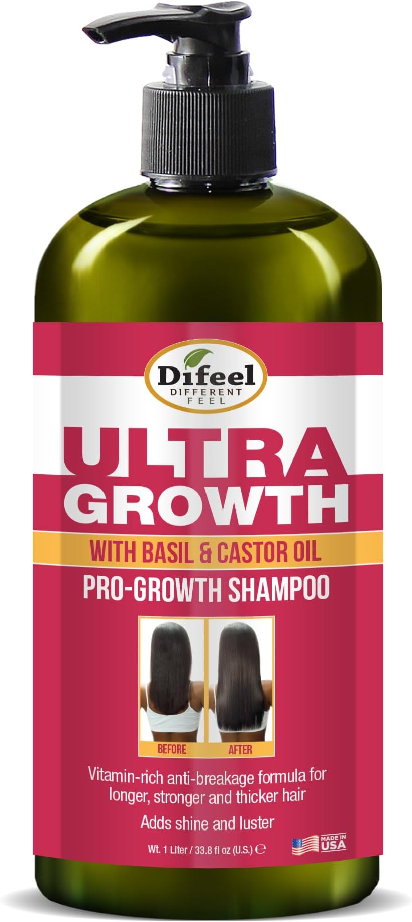 Difeel Ultra Growth Shampoo with Basil & Castor Oil - 33.8 oz, Sulfate-Free for Promoting Hair Growth