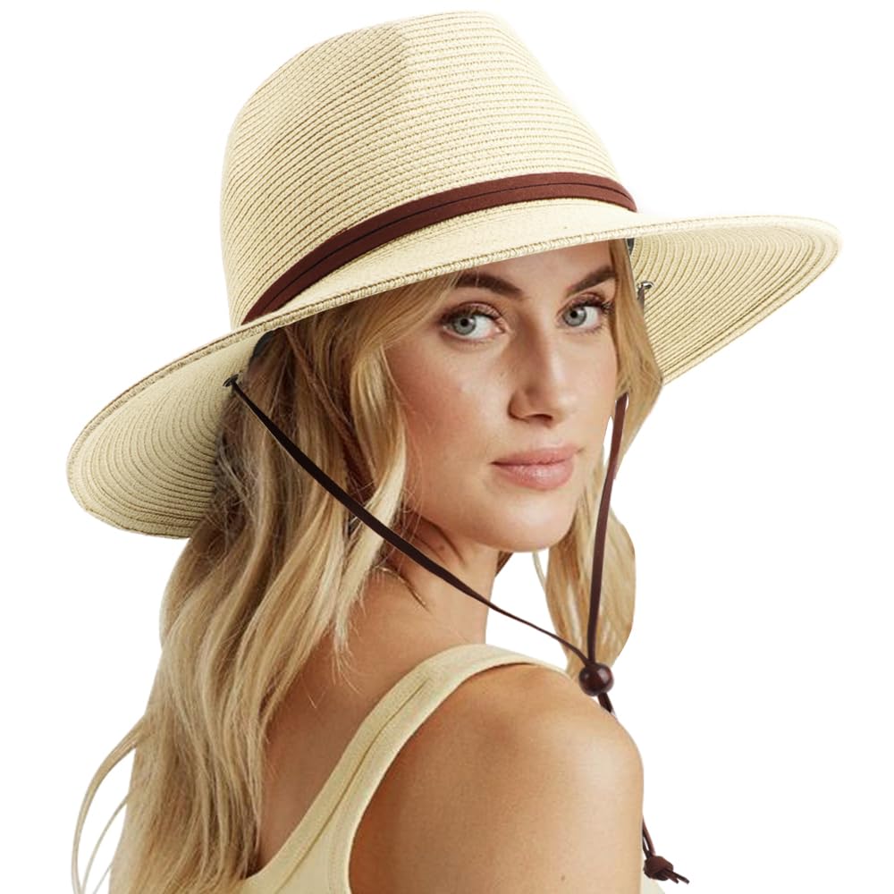 DRESHOW Women Straw Panama Hat Fedora Adjustable Summer Wide Brim Beach Sun Hat with Wind Lanyard UPF 50+