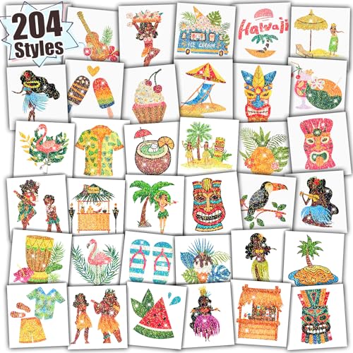 Partywind 204 PCS Glitter Hawaiian Luau Tattoos for Kids Party Decorations, Hawaiian Luau Tattoo Stickers for Pool/Beach/Tropical Party Supplies Favors, Hawaiian Games Goodie Bag Stuffers