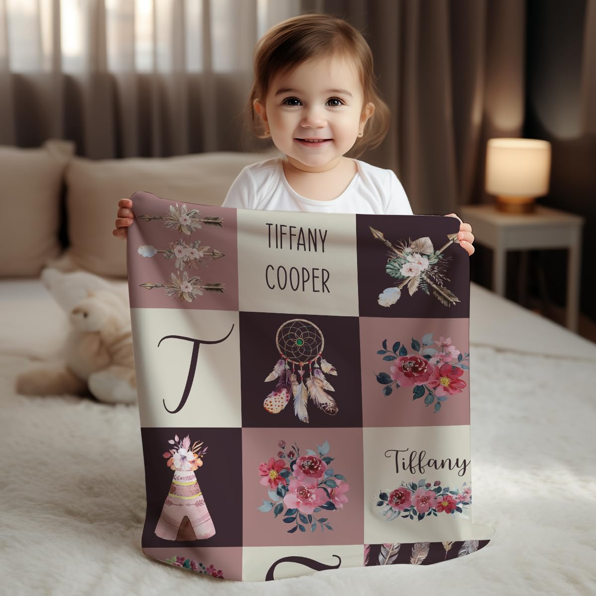 Personalized Baby Blanket for Girls Plush & Cozy. Custom Baby Blanket with Name. Customized Vintage Boho Baby Girl Boy Gift with Baby's Name for Newborn, Christmas Nursery (Vintage)