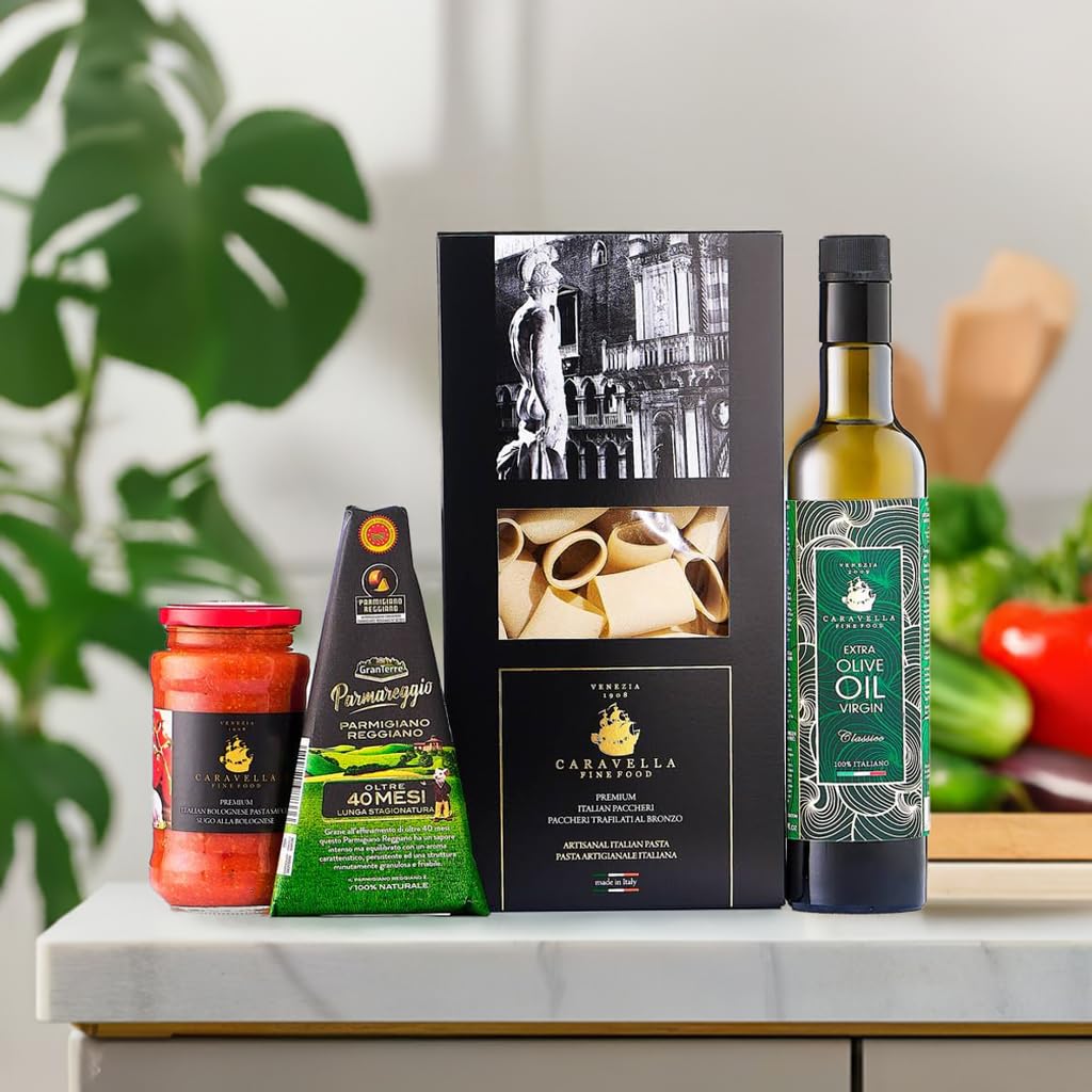Caravella Italienische Delikatessen - Feinkost Geschenk - Parmigiano Reggiano, Natives Olivenöl Extra, Pasta, Bolognese Sauce - für Sie Ihn Paare Geburtstag Feste Firmen Feinschmecker