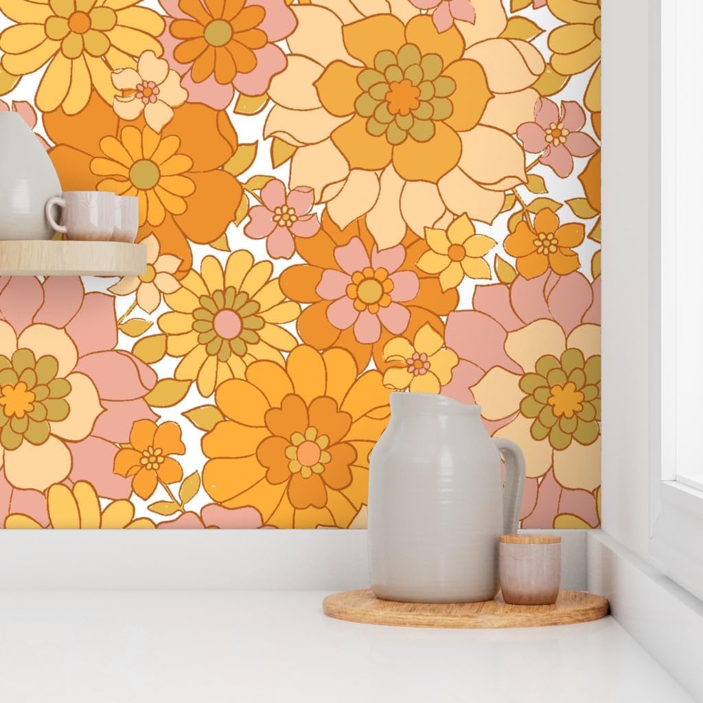 Spoonflower Peel & Stick Wallpaper 6ft x 2ft - Retro Floral White Vintage 70s Flower Power Custom Removable Wallpaper