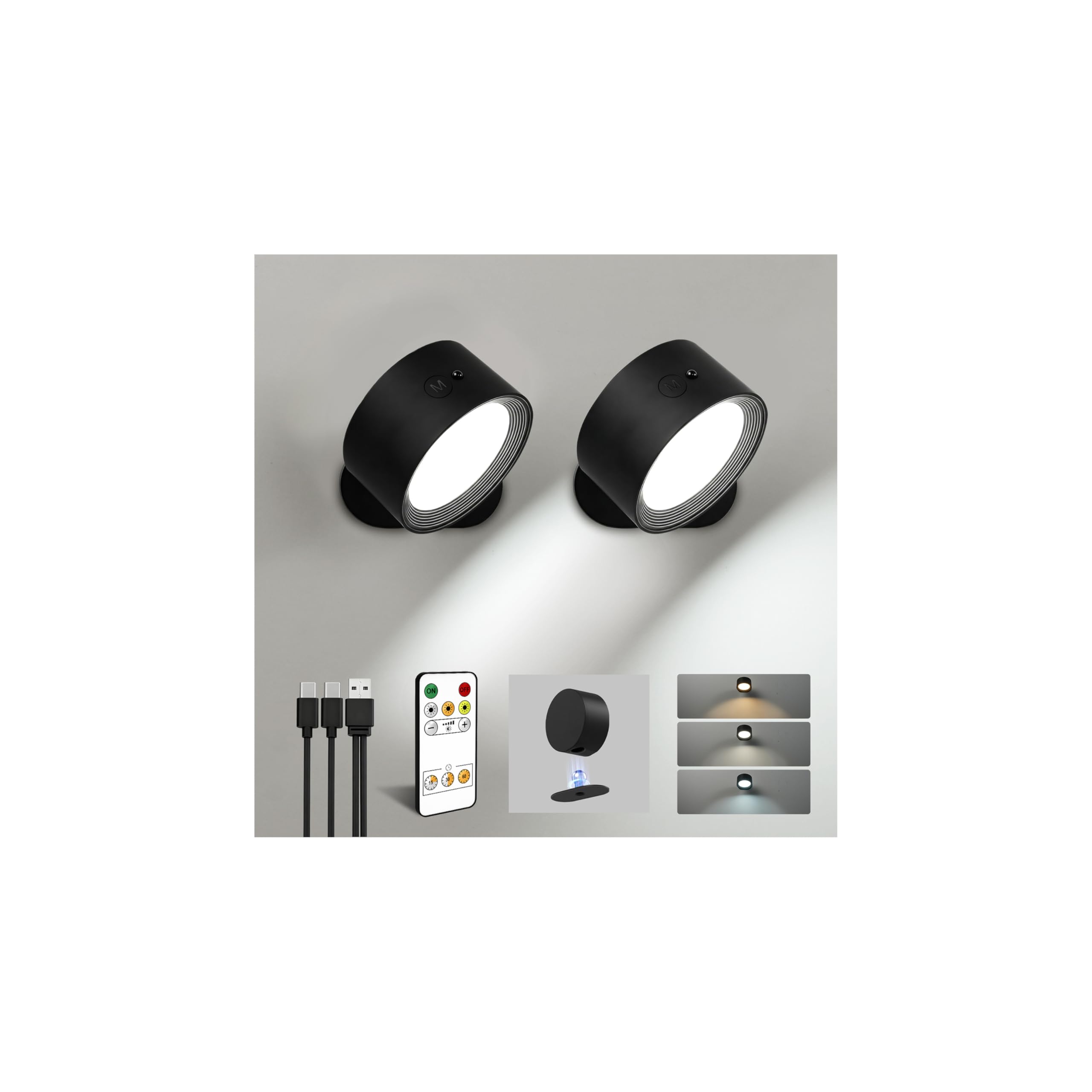 Photo 1 of AMETHEUS LED Wall Mounted Lights, Rechargeable Wall Sconce Lamps, 3 Color Temps & Remote and Touch, 360° Rotation Dimmable Cordless Wall Light for Study Bedroom Reading Bedside (Black, 2 Pack)