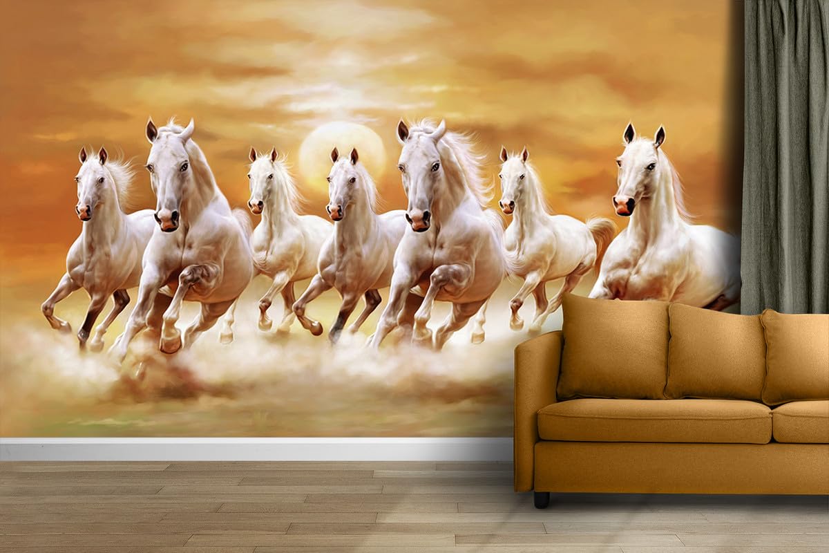 Imagine Printing Solution 3D Wallpaper Lucky Seven Horses Running at Sunrise Hd Print Wall Painting Poster Picture Wall Sticker for Living Room, Bedroom, Home Decor, PVC Vinyl, Multicolor, Pack of 1