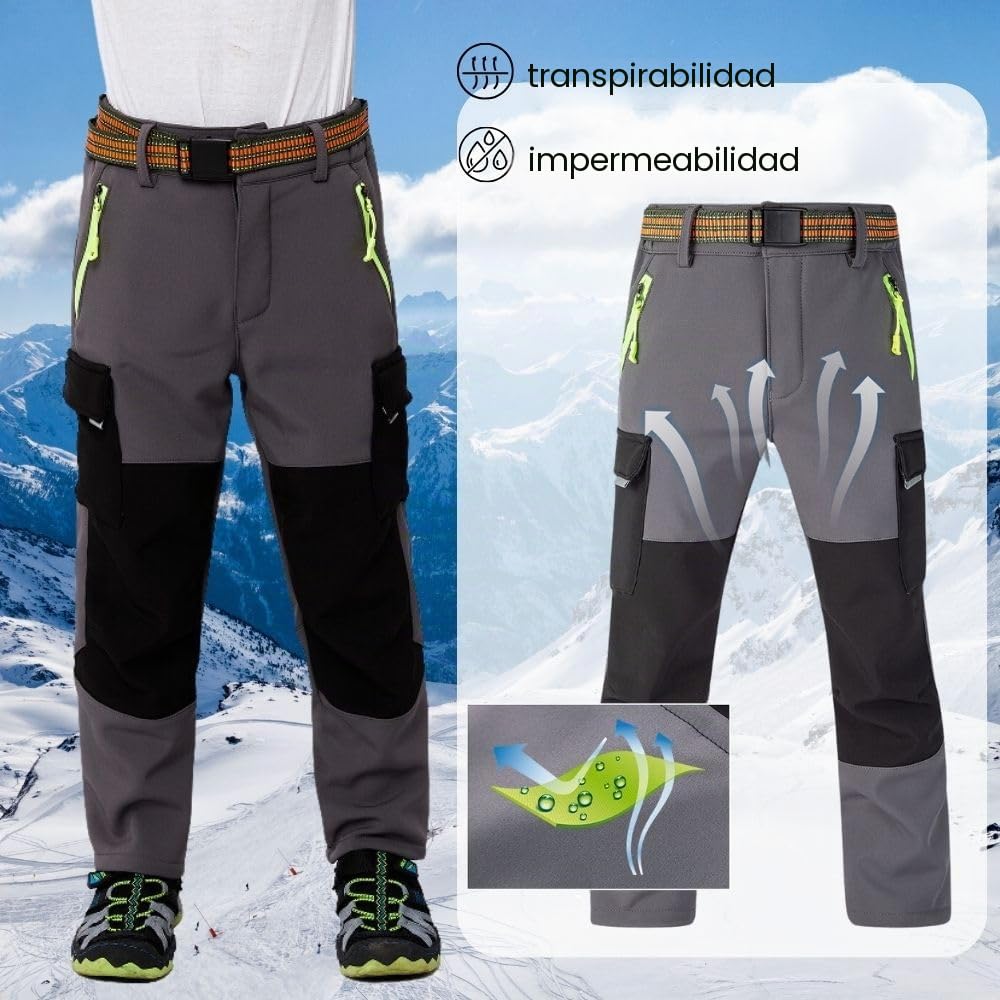 Pantalones térmicos impermeables para niños y niñas, pantalones de nieve, pantalones de invierno al aire libre, pantalones cargo forrados, pantalones de esquí para niños