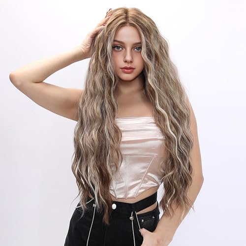 Miniatura 5 de Smilco Pelucas sintéticas con encaje frontal, peluca frontal de encaje HD con parte media de 30 pulgadas de largo, cabello ondulado dorado camello,