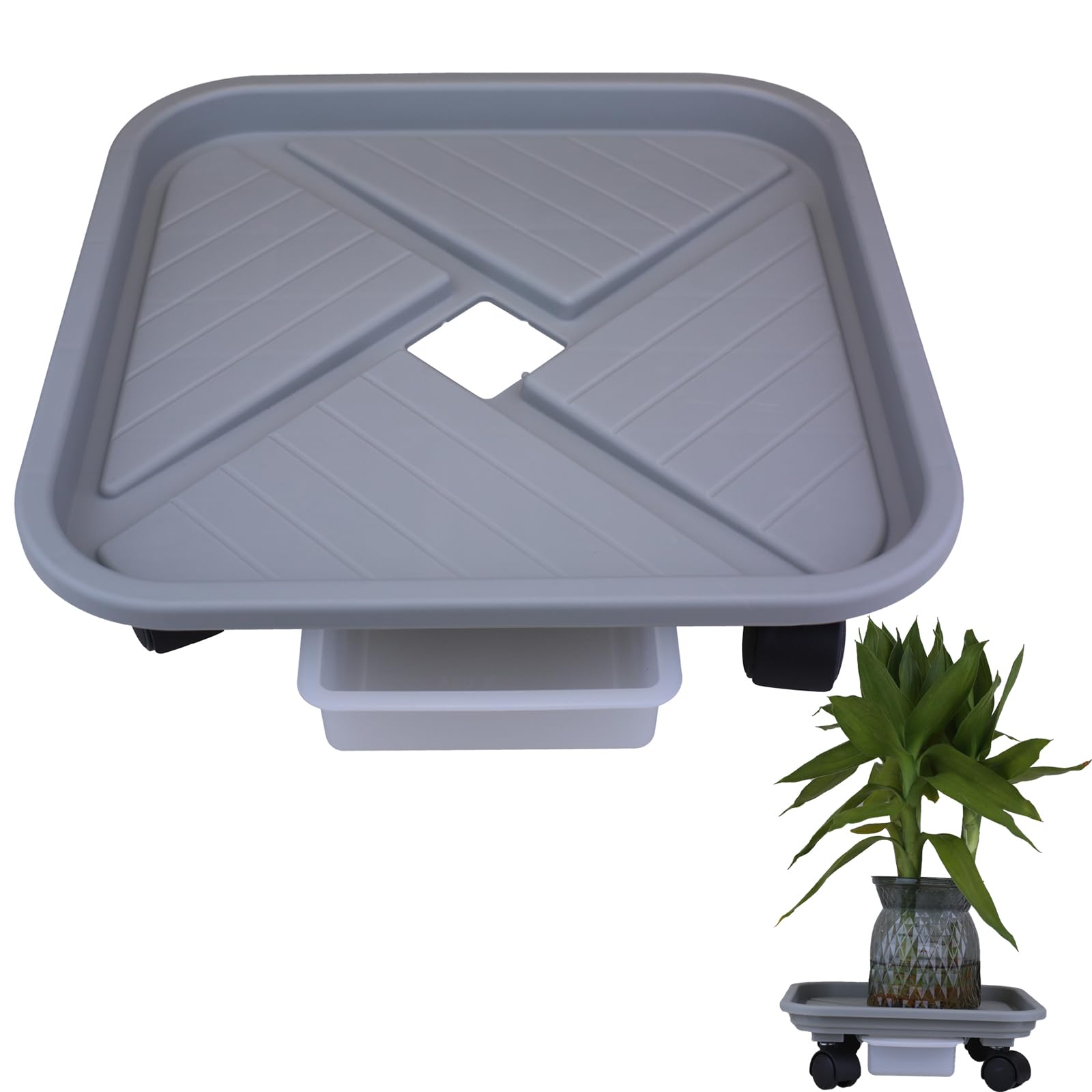 DLBTWDOYLS Removable planter with swivelling wheels, Plant tray with water storage drawer, Heavy-duty plant trolley with 360° roll, Square planter stand for indoor or outdoor decoration (Medium 26.2)
