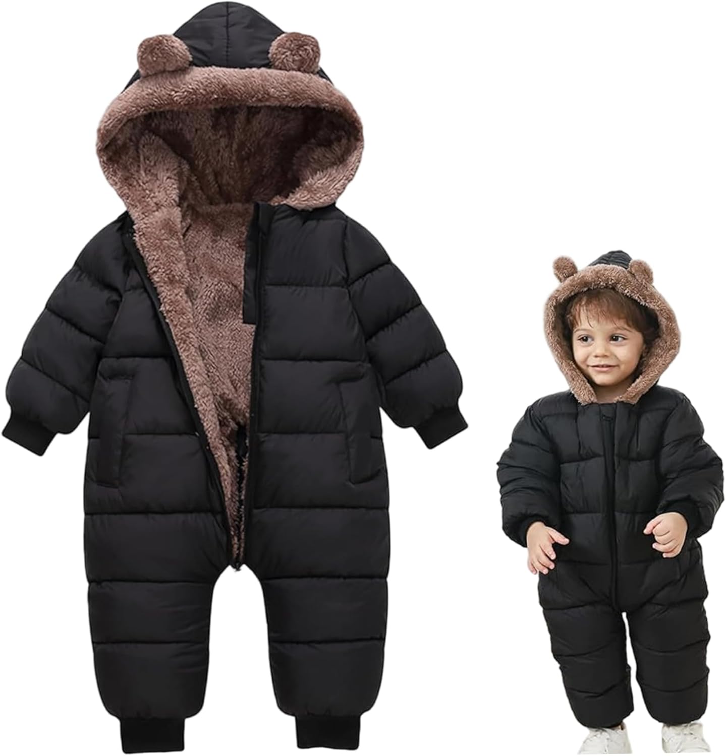 Baby Snowsuit, Newborn Boys Girls Toddler Snow Suit, Hooded Jumpsuit, Bear Outfit, Warm Toddler Coat, Black, M