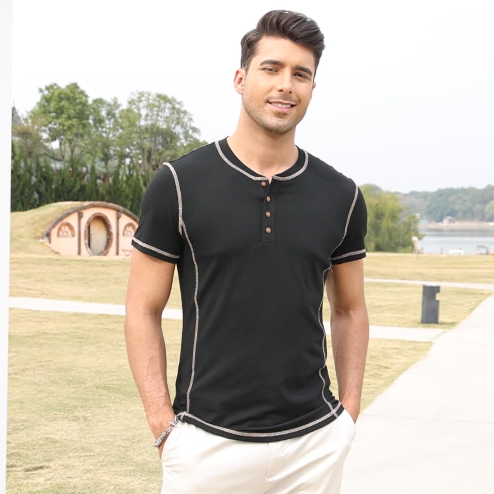 LAOARA T Shirt Uomo Maglietta Manica Lunga Cotone Slim Fit Henley Tshirt Maglia Bottone Magliette M-2XL