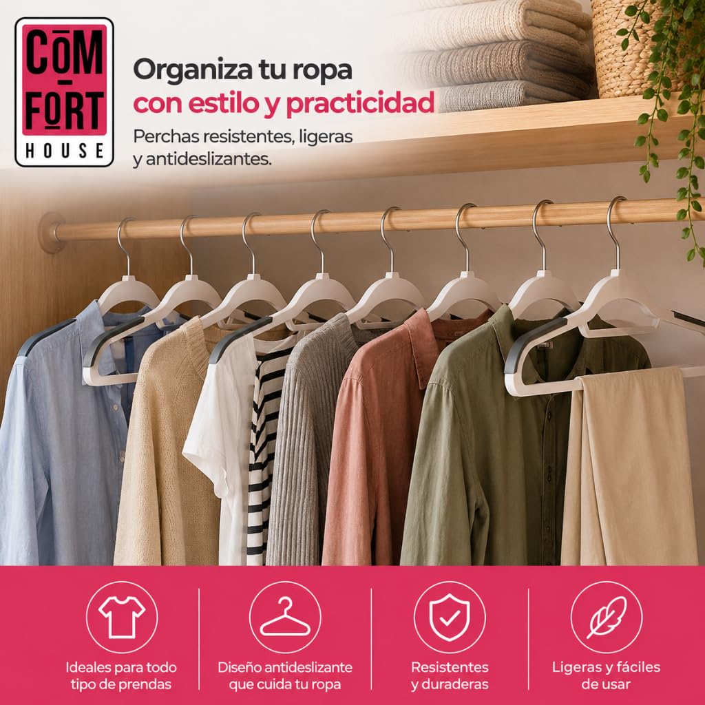 Perchas de Plástico Antideslizantes 45 cm Pack 120 COM-FORT HOUSE | Gancho giratorio 360°, Superficie antideslizante, Alta resistencia, Ahorra espacio