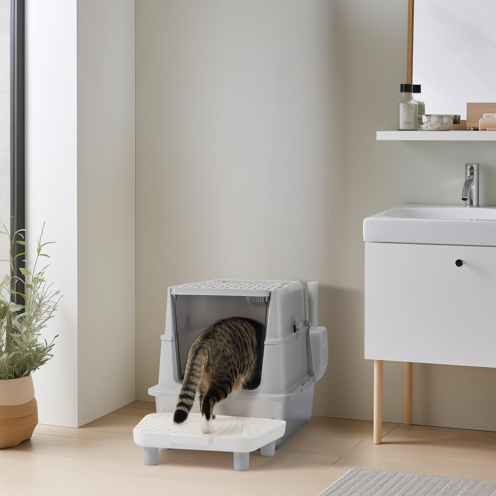 LEADZM Lettiera per gatti XXL - Casa di toilette per gatti chiuso, 60 x 40 x 46 cm, in acciaio inossidabile, coperchio rimovibile, paletta per lettiera e tappetino inclusi, colore: grigio