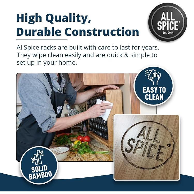 AllSpice Spice Rack Organizer, Wood, 525 Unique Labels, Countertop or Wall Mount, Includes 60 4oz Jars- Walnut Stain