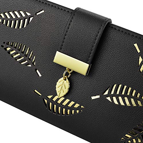 PGXT Women's Wallet Women Credit Card Holder Hollow Leaf Pattern Bifold Leather Lady Long Wallet Purse Zip Birthday Xmas Gifts for Women Girls(Black)4