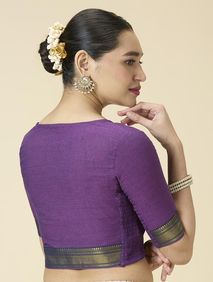 Image of Studio Shringaar Women's Handloom Cotton Stretchable (Smocked) Saree Blouse with Temple Zari Border