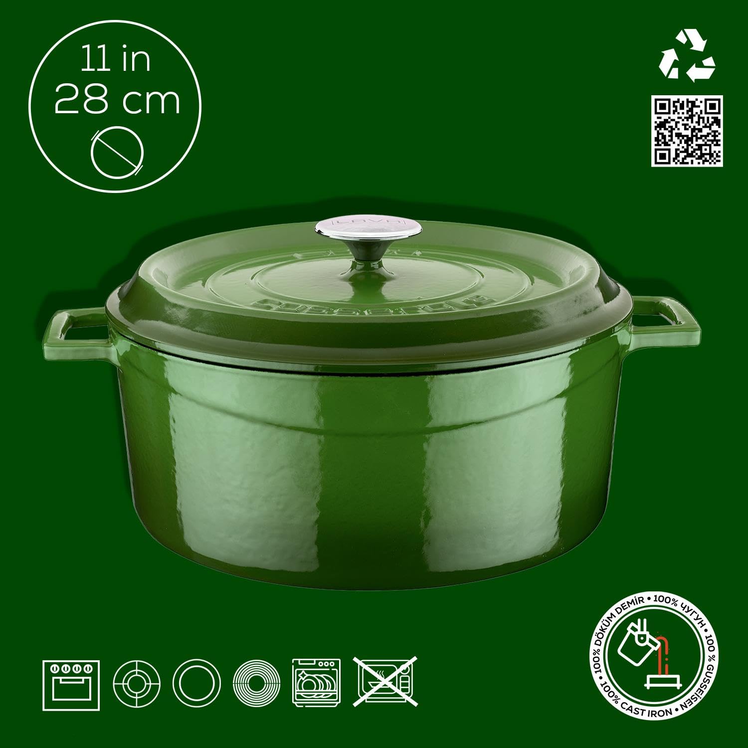 Amazon.co.jp: LAVA 鋳鉄製 特大グリーンラウンドキャセロール、28cm